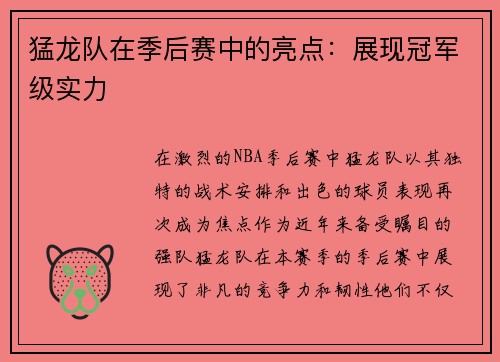 猛龙队在季后赛中的亮点：展现冠军级实力