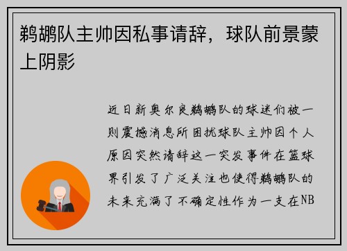 鹈鹕队主帅因私事请辞，球队前景蒙上阴影